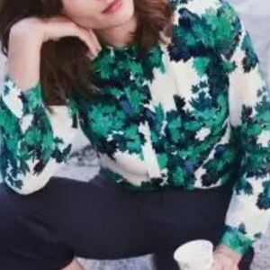 Boden Alba top botanical birds floral sheer green blouse  women's size 4